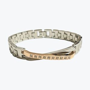 Criss Cross Watch Band Bracelet Mixed Metal Silver Tone Rhinestone Accent Unique
